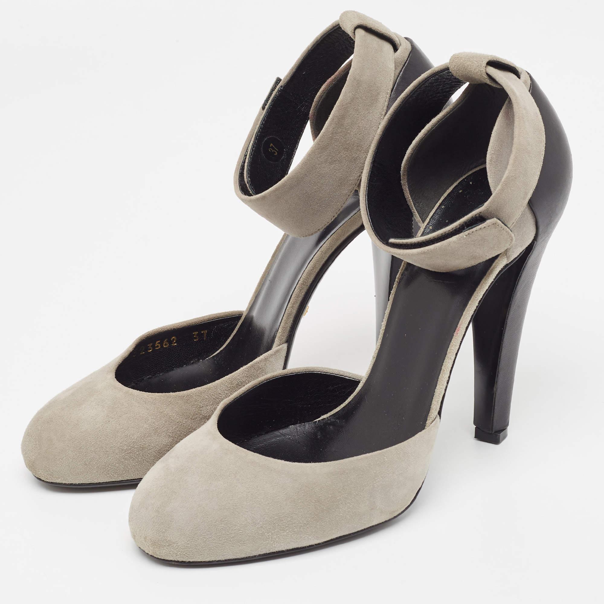 Gucci Grey/Black Suede Leather Ankle Cuff Pumps Size 37 For Sale 4