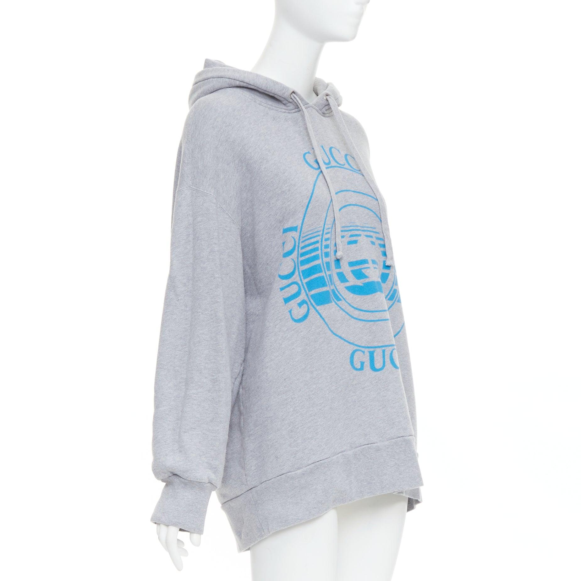 Gray GUCCI grey blue GG Logo Disc Record print oversized hoodie top XXL For Sale