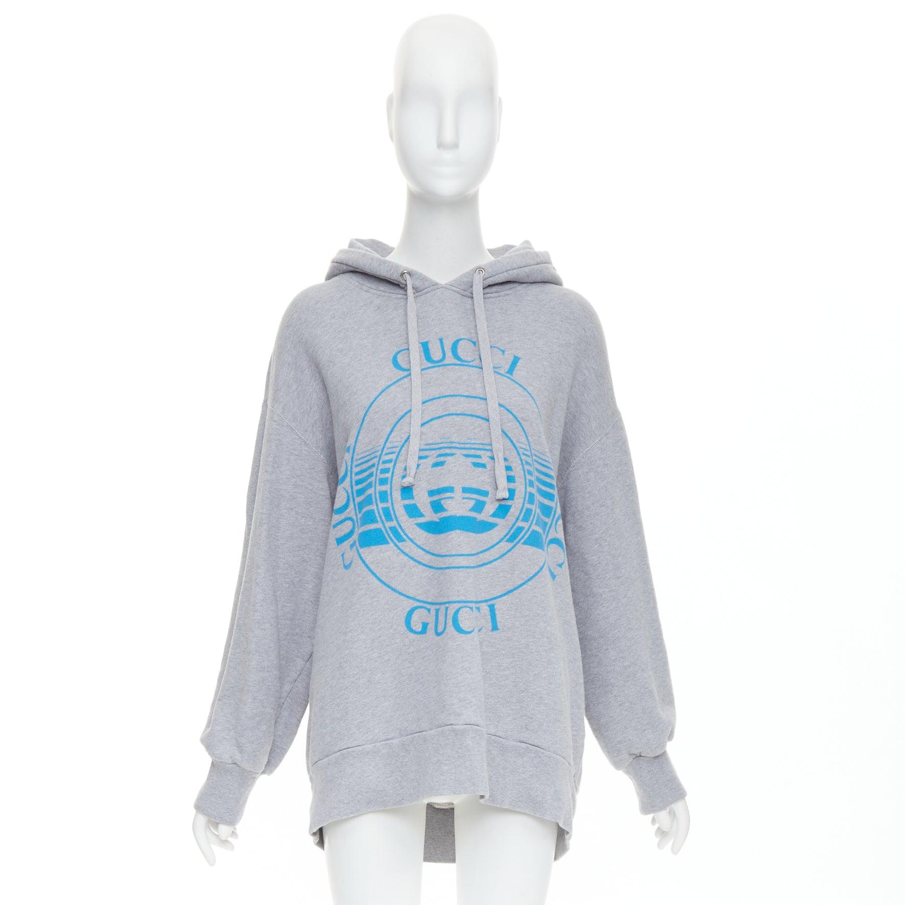 GUCCI grey blue GG Logo Disc Record print oversized hoodie top XXL For Sale 4