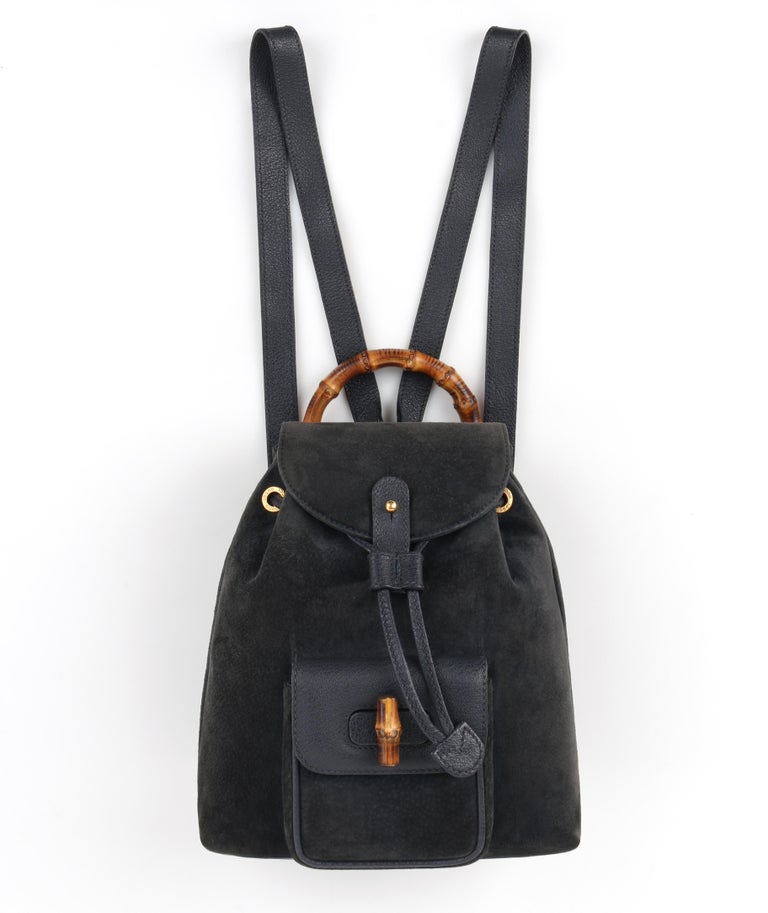 GUCCI Grey-Blue Suede and Leather Bamboo Handle Mini Drawstring ...