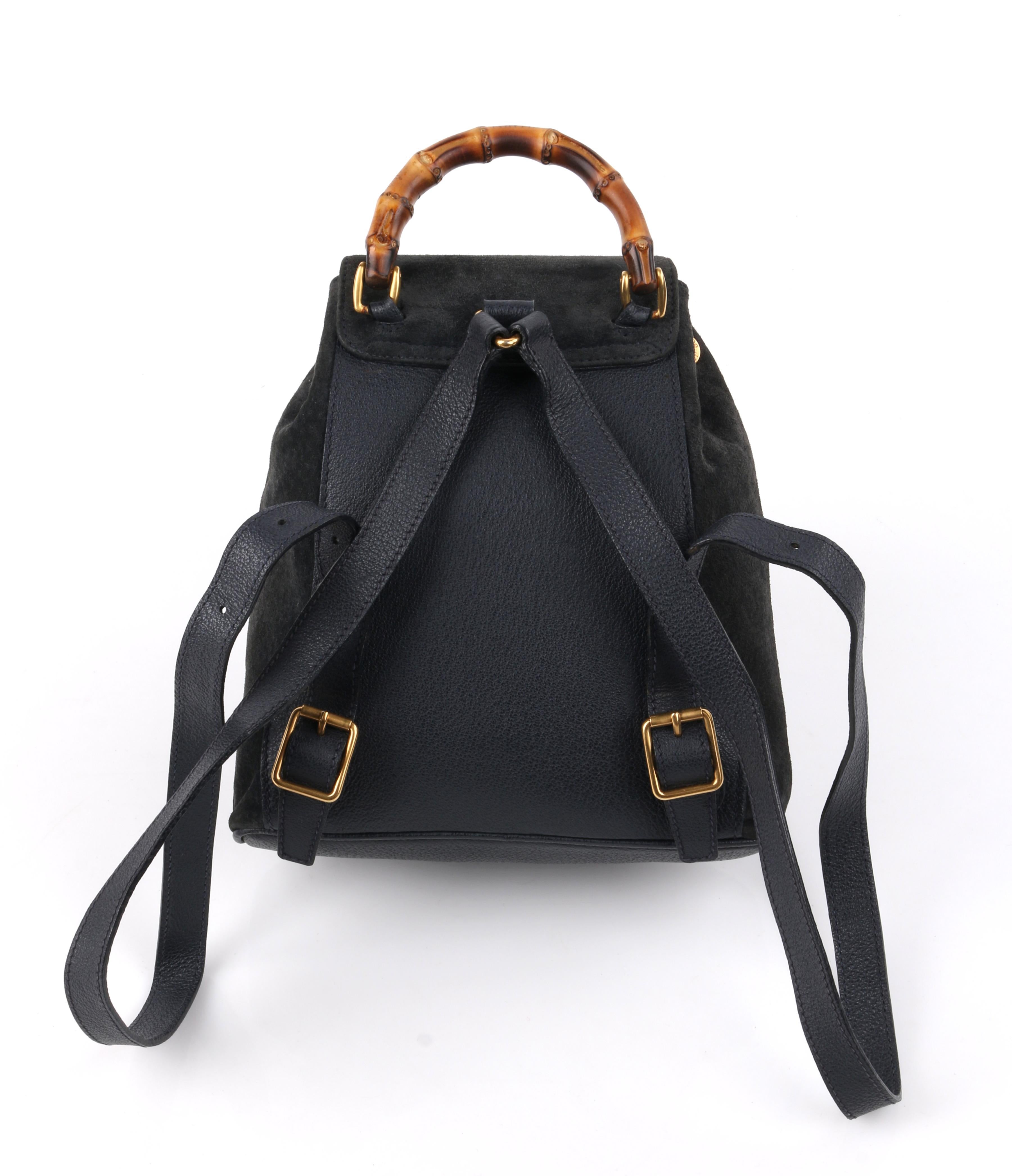 Black GUCCI Grey-Blue Suede & Leather Bamboo Handle Mini Drawstring Backpack