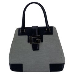 Gucci Grey Canvas Black leather Satchel Bag Handbag Tote