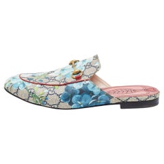 Used Gucci Grey Canvas Flower Print Princetown Mules Size 38.5