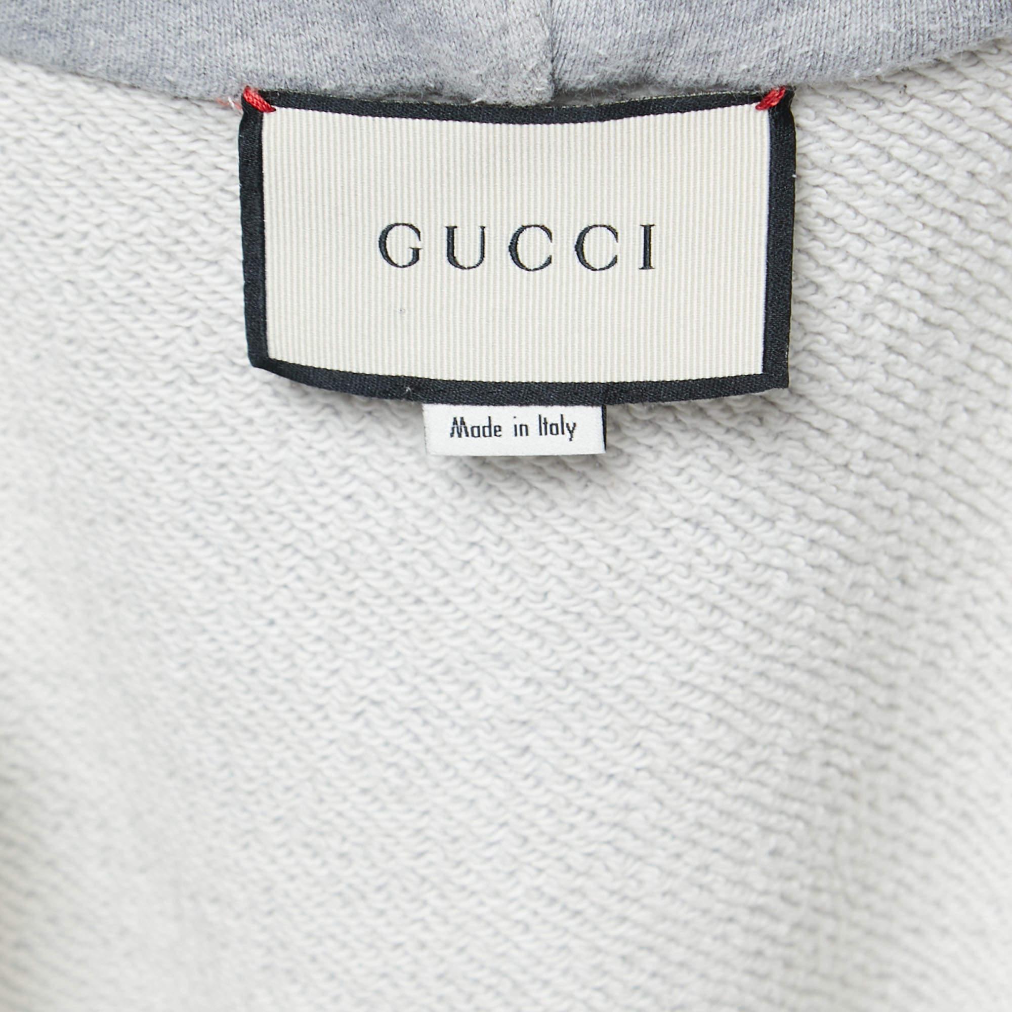 Gucci Grey Cotton Jersey Logo Web Trimming Zip-Up Hoodie L 1