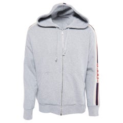 Gucci Grey Cotton Jersey Logo Web Trimming Zip-Up Hoodie L