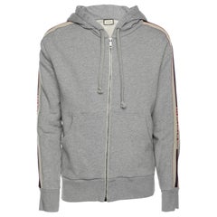 Gucci Grey Cotton Jersey Logo Web Trimming Zip-Up Hoodie S