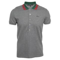 Gucci Graues, detailliertes Polo-T-Shirt aus Baumwollwebe, M