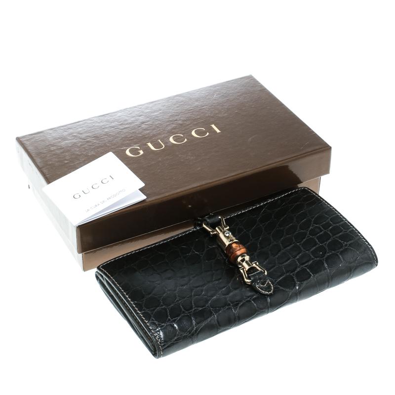 Gucci Grey Croc Embossed Leather Bamboo New Jackie Continental Wallet 6