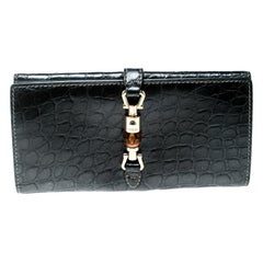 Gucci Grey Croc Embossed Leather Bamboo New Jackie Continental Wallet