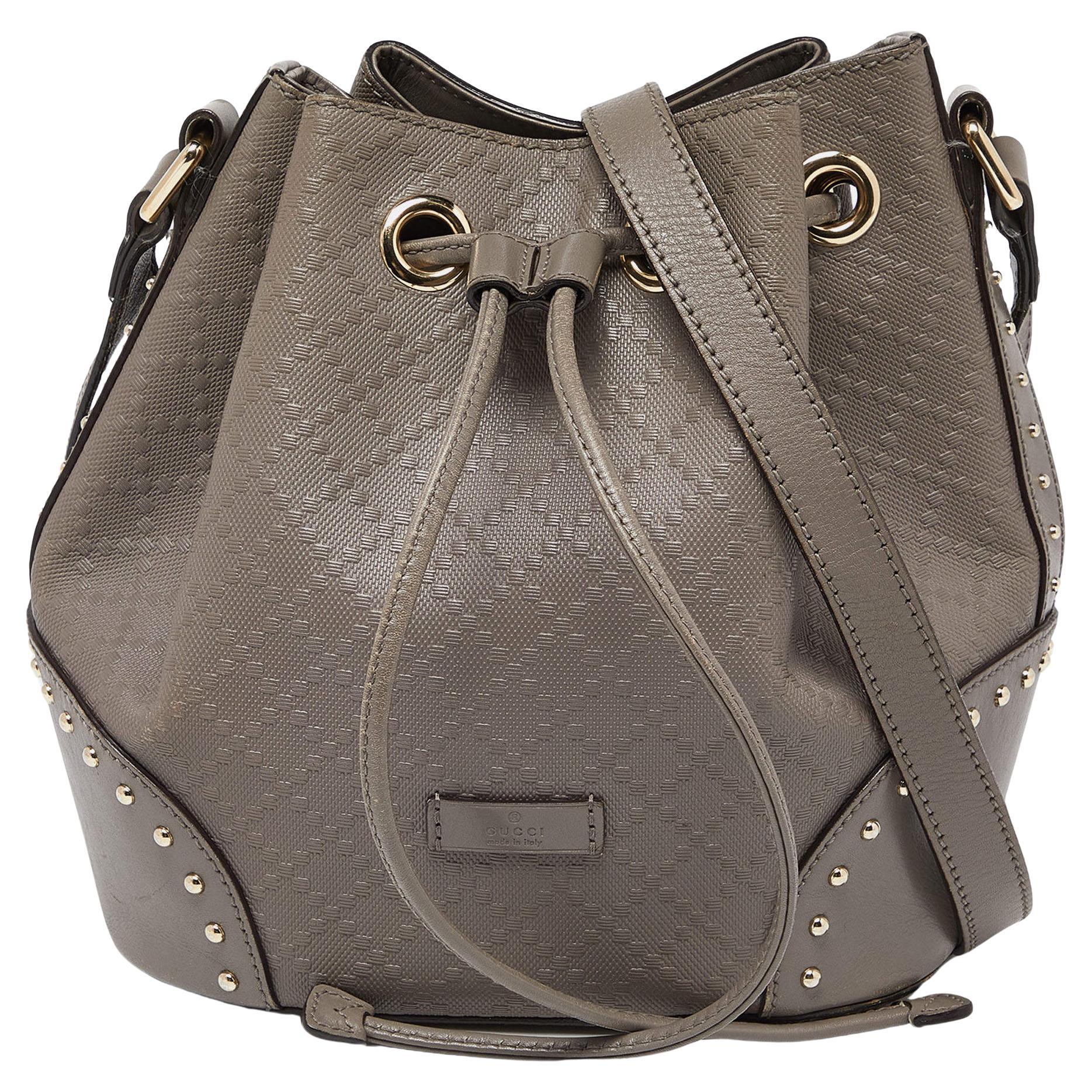 Gucci Grey Diamante Leather Medium Hilary Bucket Bag For Sale