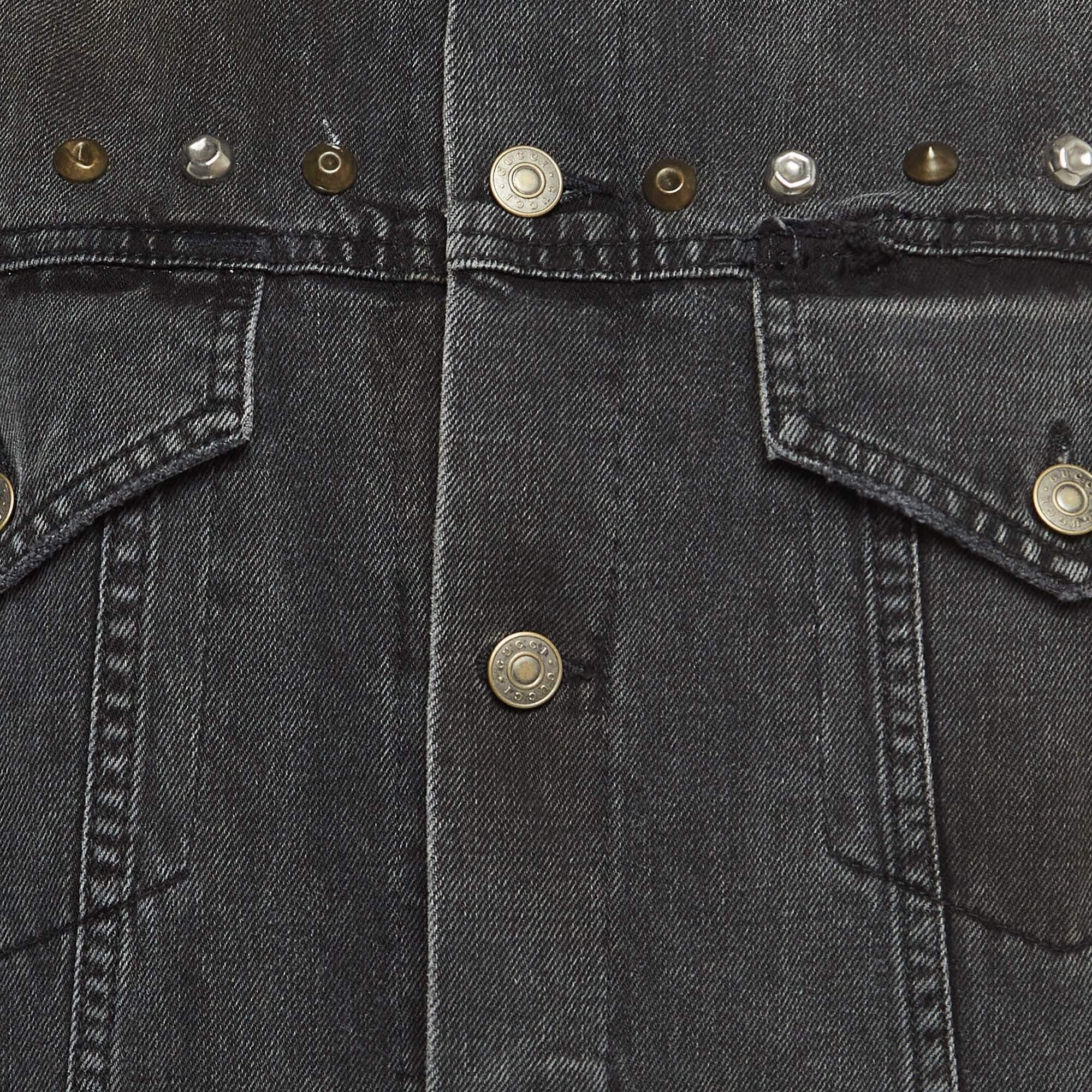 Gucci Grey Distressed Ripped Denim Metal Detail Jacket XL For Sale 3
