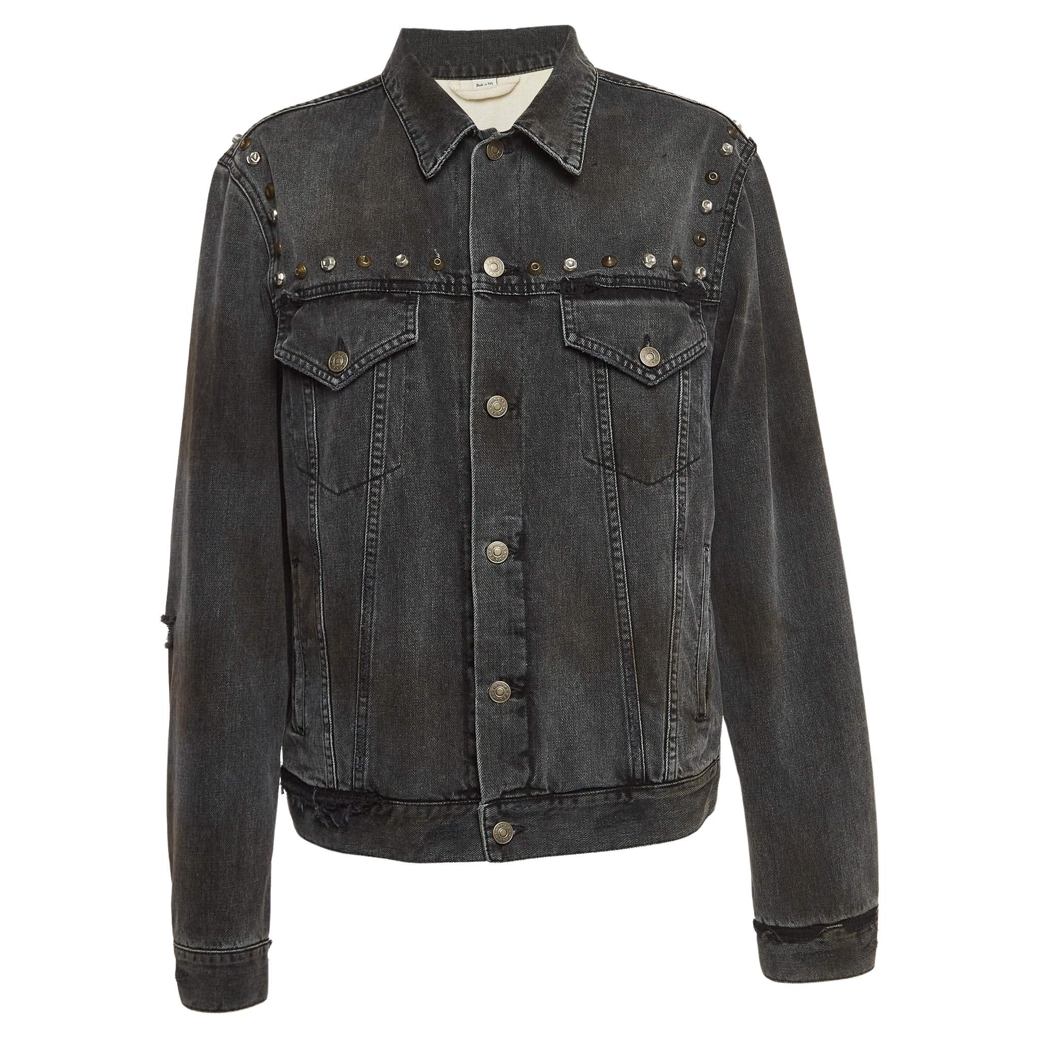 Gucci Grey Distressed Ripped Denim Metal Detail Jacket XL For Sale