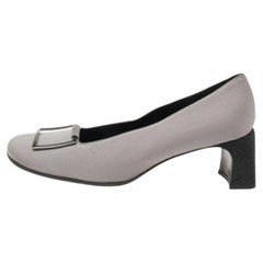Gucci Grey Fabric Square Toe Metal Trim Block Heel Pumps Size 37.5