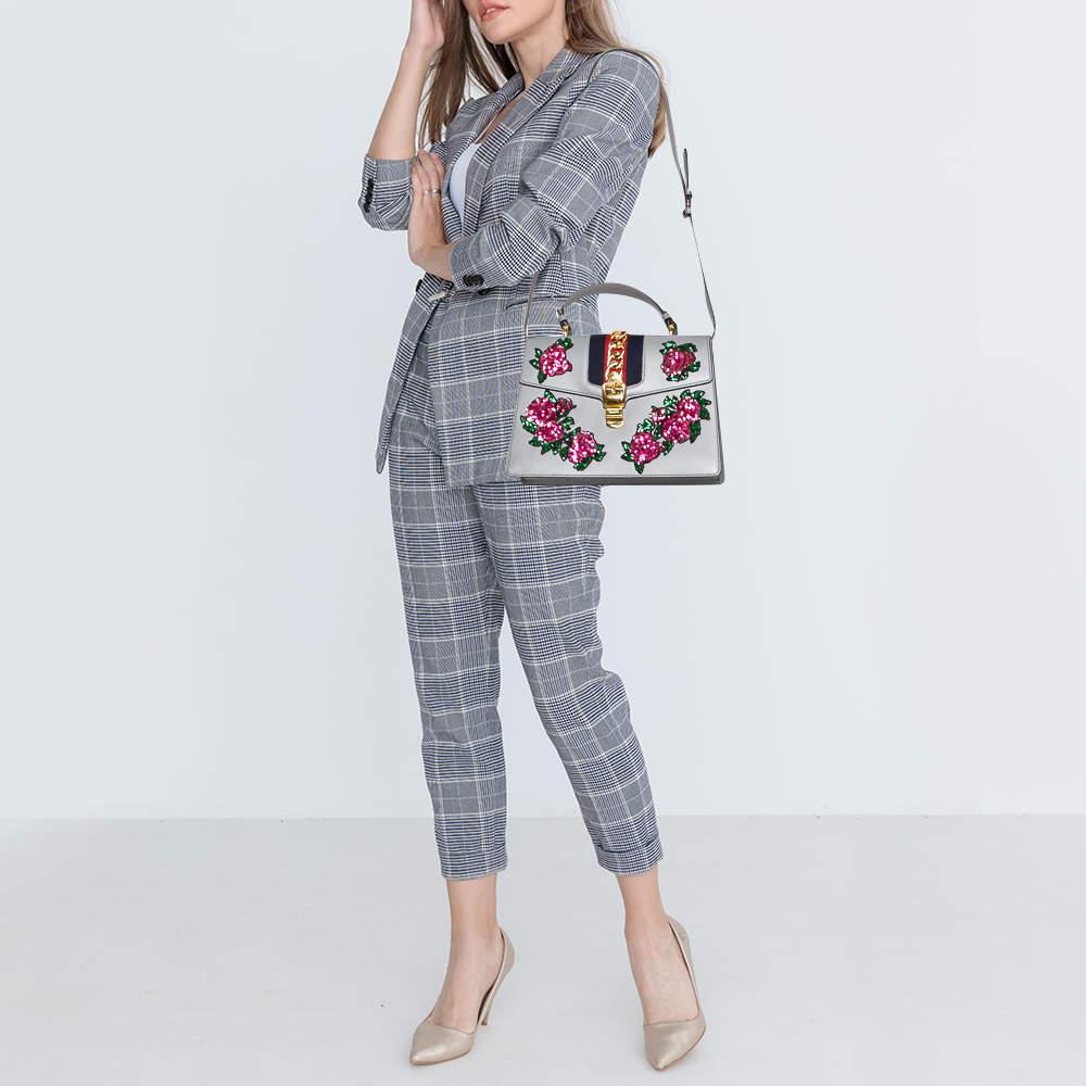 Women's Gucci Grey Floral Sequins Patch Leather Medium Sylvie Top Handle Bag For Sale