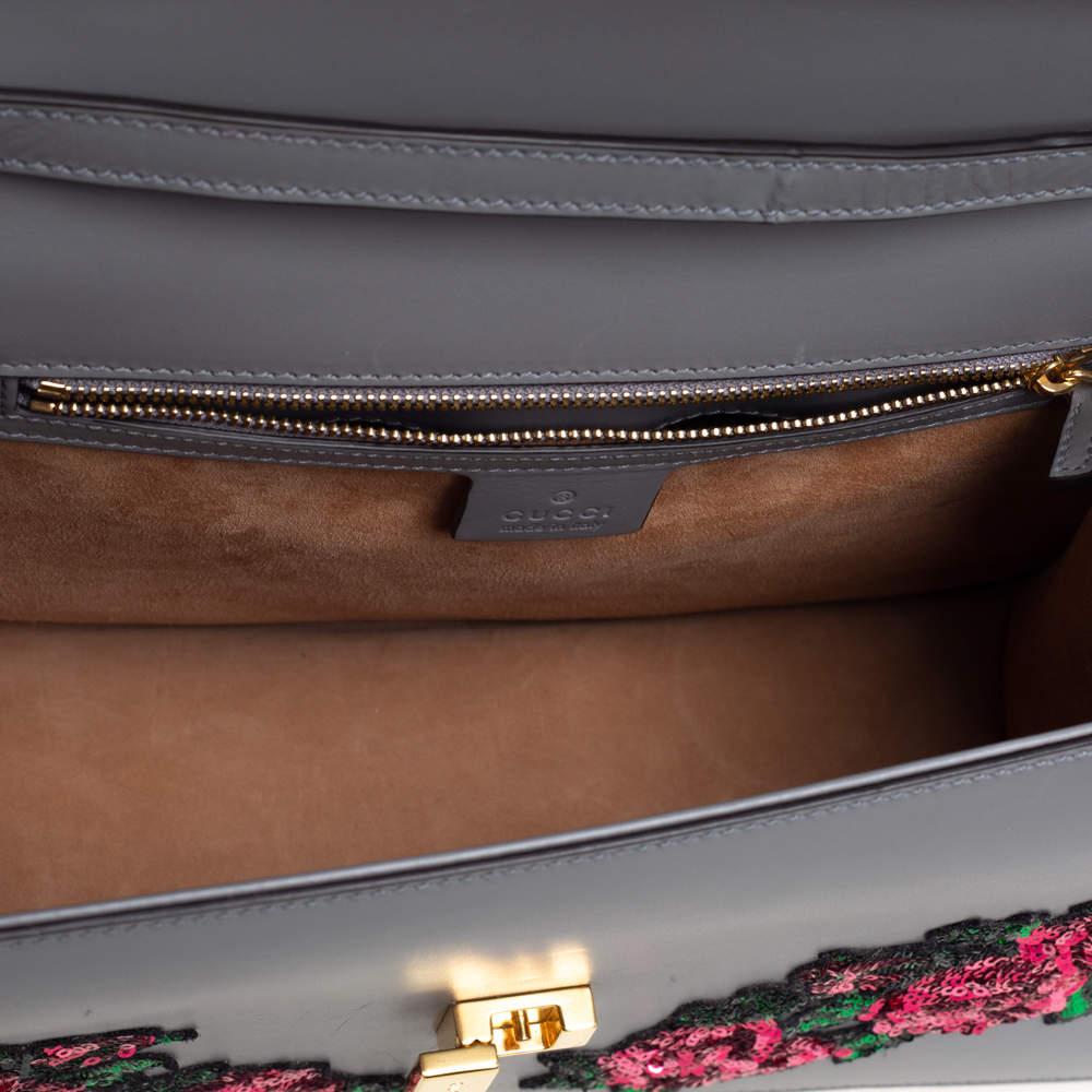 Gucci Grey Floral Sequins Patch Leather Medium Sylvie Top Handle Bag For Sale 1