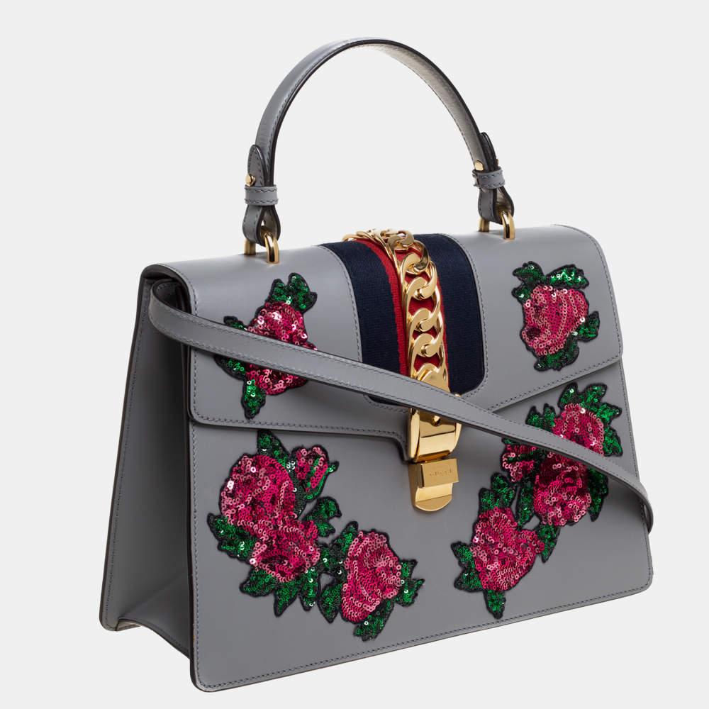 Gucci Grey Floral Sequins Patch Leather Medium Sylvie Top Handle Bag For Sale 2