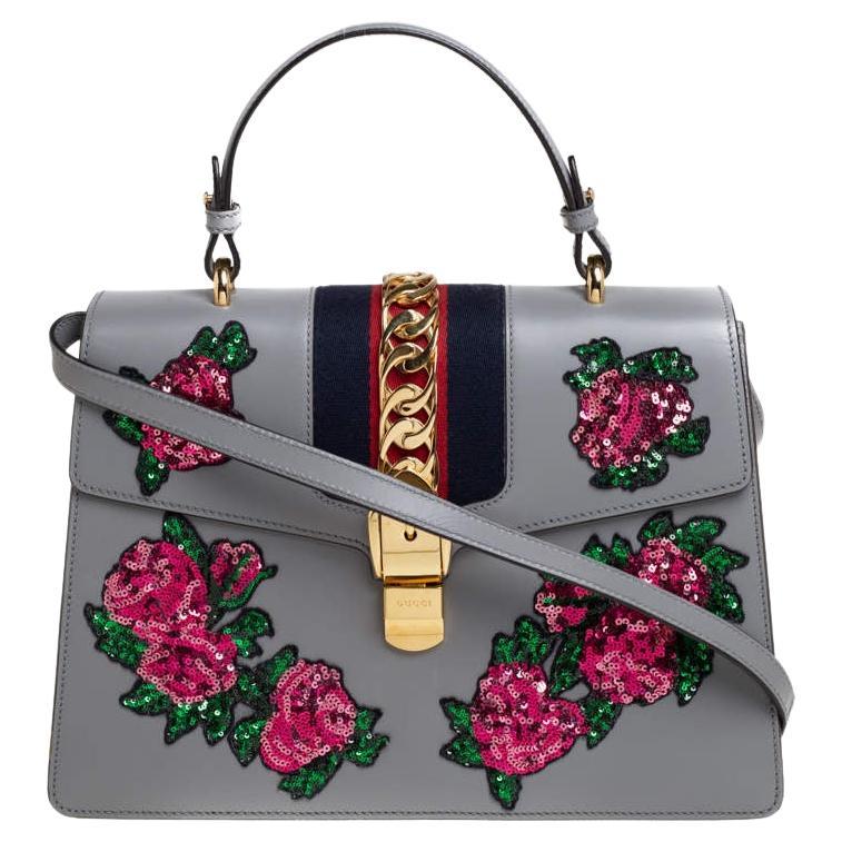 Gucci Grey Floral Sequins Patch Leather Medium Sylvie Top Handle Bag For Sale