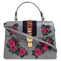 Gucci Grey Floral Sequins Patch Leather Medium Sylvie Top Handle Bag