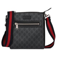 GUCCI Grey GG Supreme Canvas & Black Calfskin Leather Small Messenger Bag 