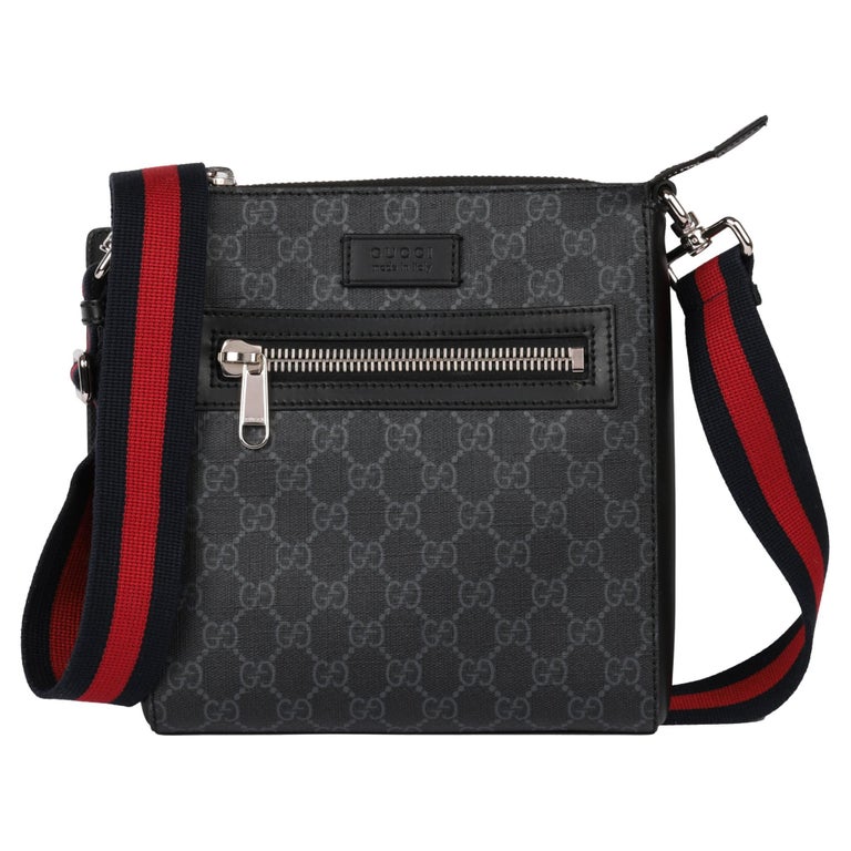 GUCCI Grey GG Supreme Canvas and Black Calfskin Leather Small Messenger