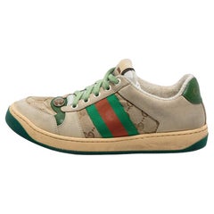 Gucci Grey/Green Leather and Canvas Screener Sneakers Size 36