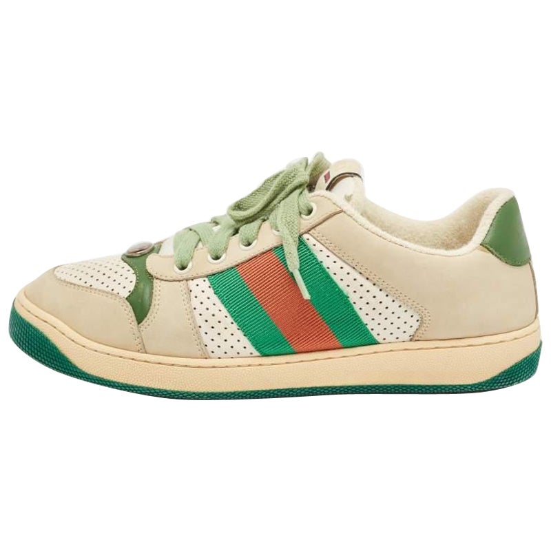Gucci Grey/Green Leather and Nubuck Leather Screener Lace Up Sneakers Size 39.5
