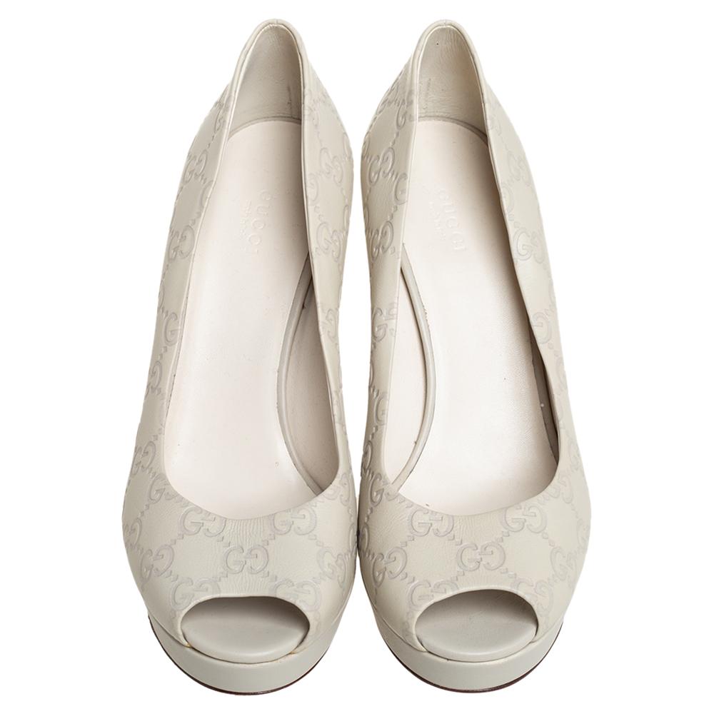 Beige Gucci Grey Guccissima Leather Peep Toe Platform Pumps Size 39.5