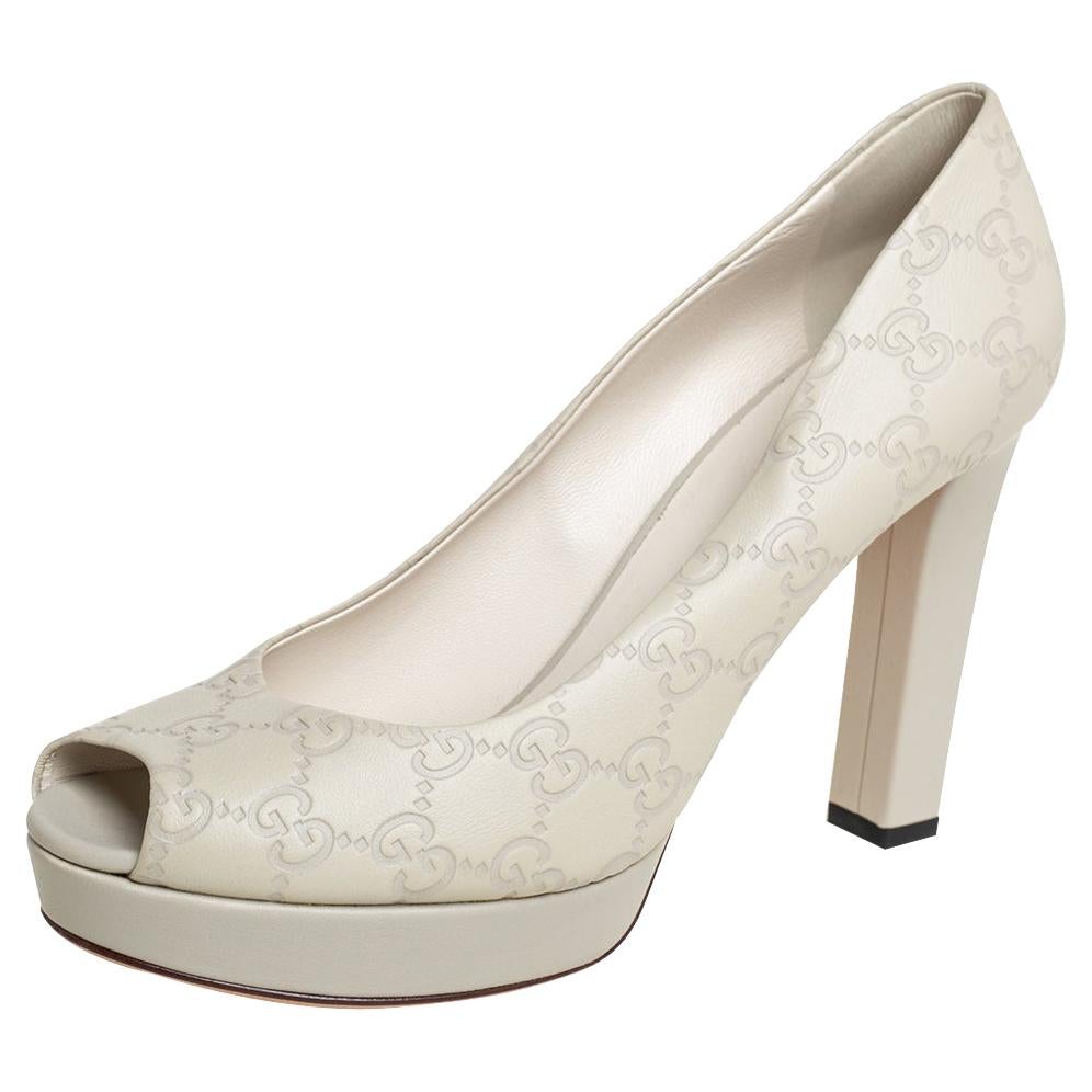 Gucci Grey Guccissima Leather Peep Toe Platform Pumps Size 39.5 For Sale at  1stDibs