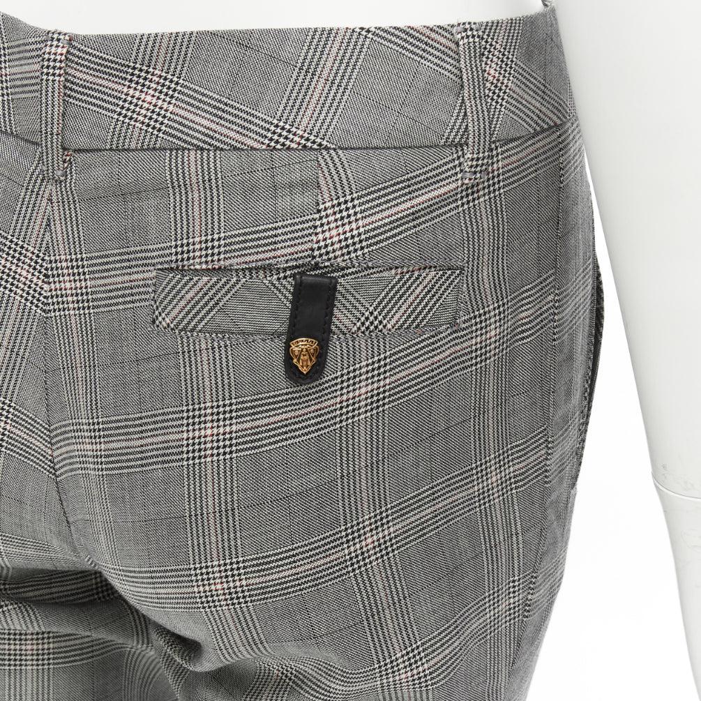 GUCCI grey houndstooth wool silk high waist gold logo back tapered pants IT38 XS
Reference: NKLL/A00194
Brand: Gucci
Material: Wool, Silk
Color: Grey
Pattern: Houndstooth
Closure: Zip Fly
Extra Details: Small gold GUCCI lion head logo at back of