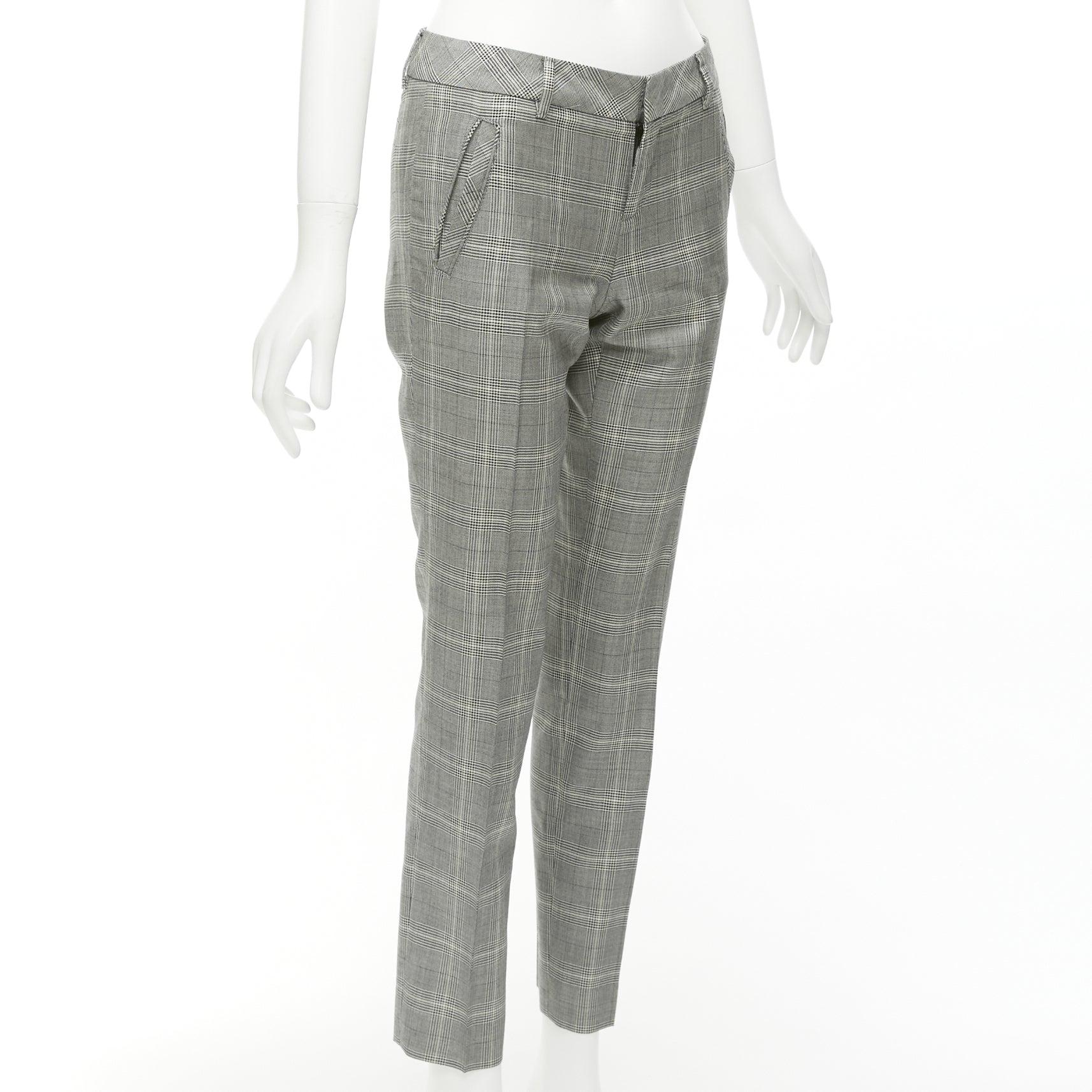 Gray GUCCI grey houndstooth wool silk high waist gold logo back tapered pants IT38 XS