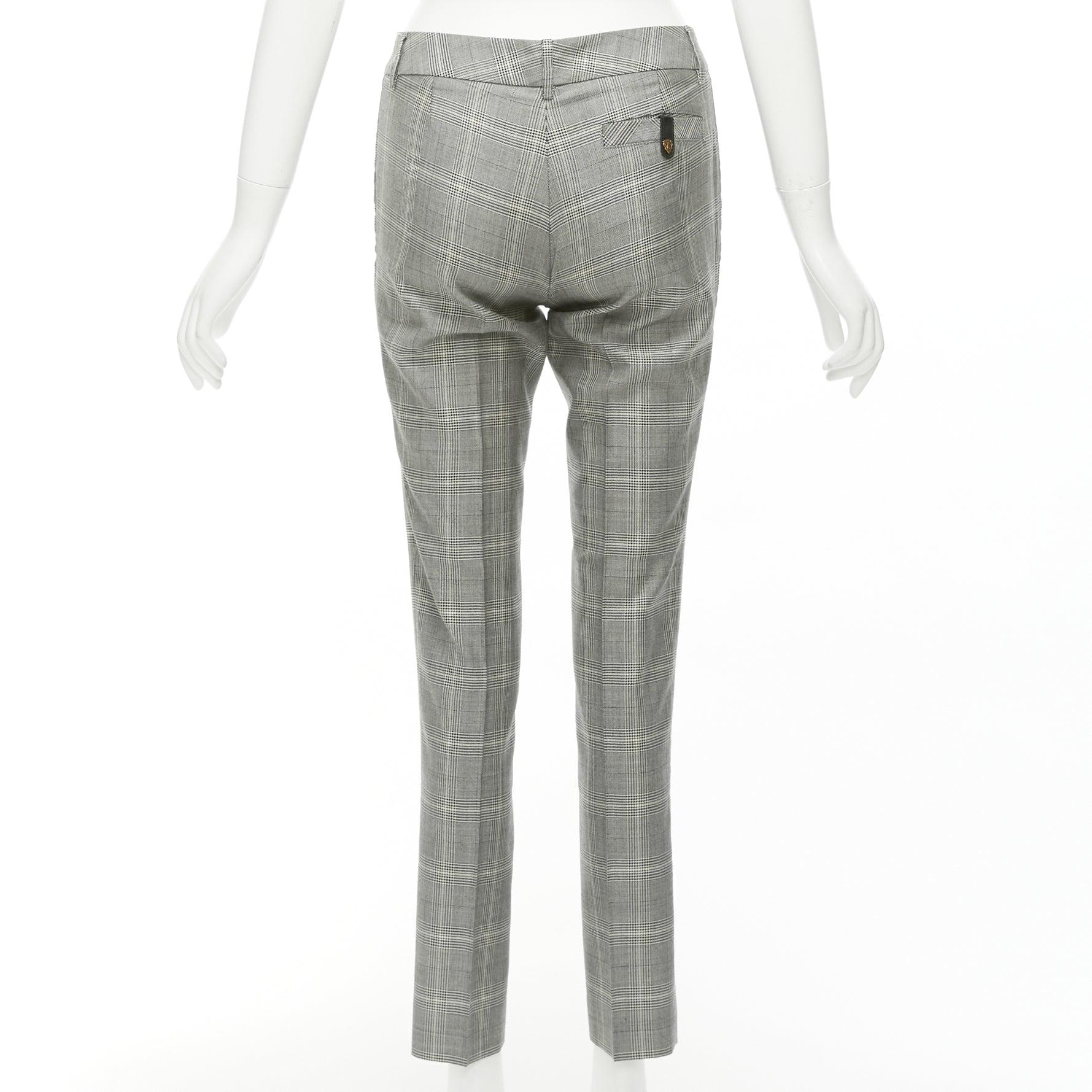 Women's GUCCI grey houndstooth wool silk high waist gold logo back tapered pants IT38 XS