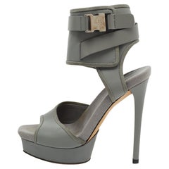 Gucci Grey Leather and Fabric Trim Gail Ankle Cuff Platform Sandals Size 36.5