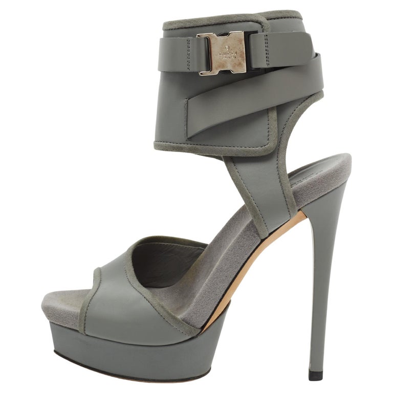 Gucci Grey Leather and Fabric Trim Gail Ankle Cuff Platform Sandals Size   For Sale at 1stDibs
