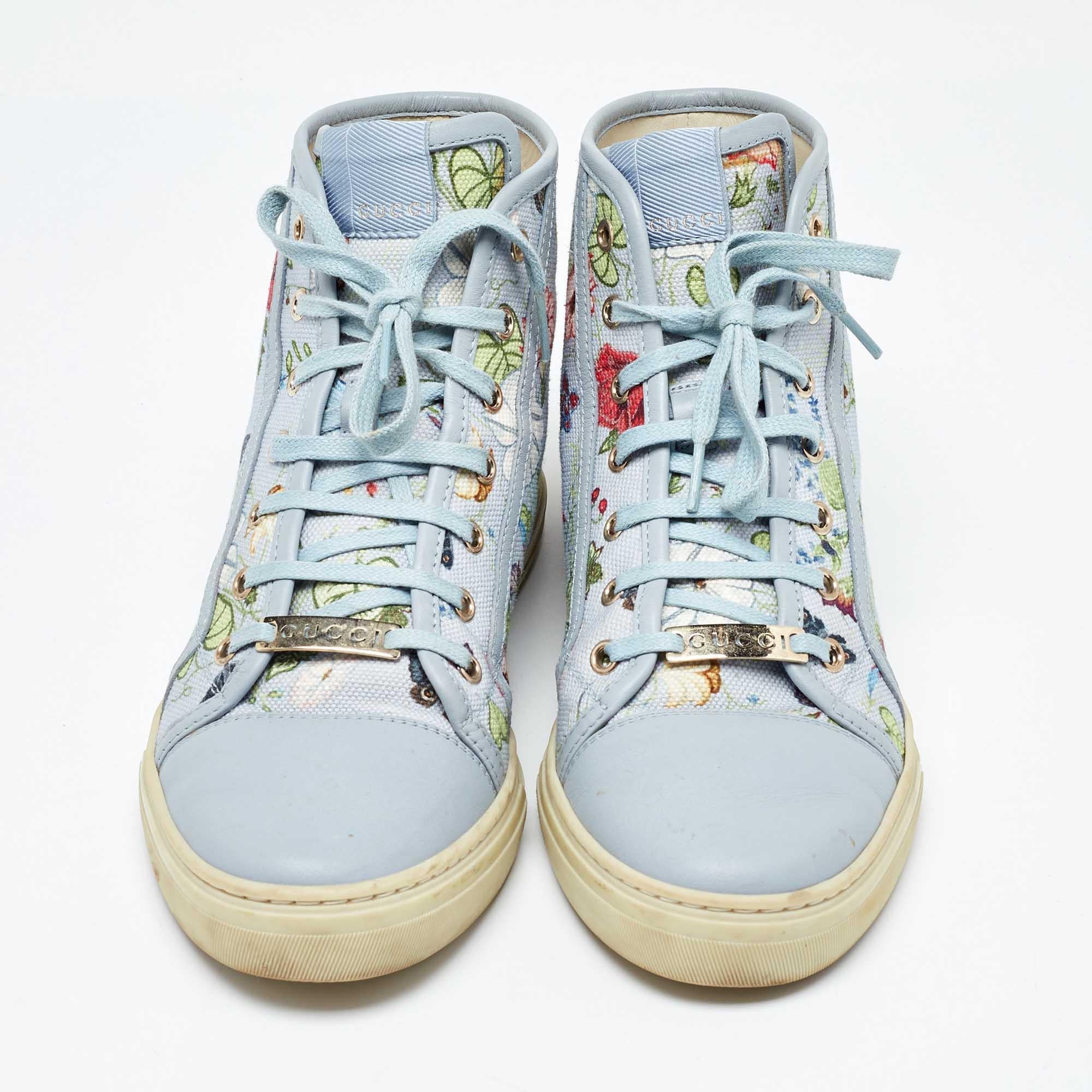 Gray Gucci Grey Leather and Floral Print Canvas High Top Sneakers Size 39