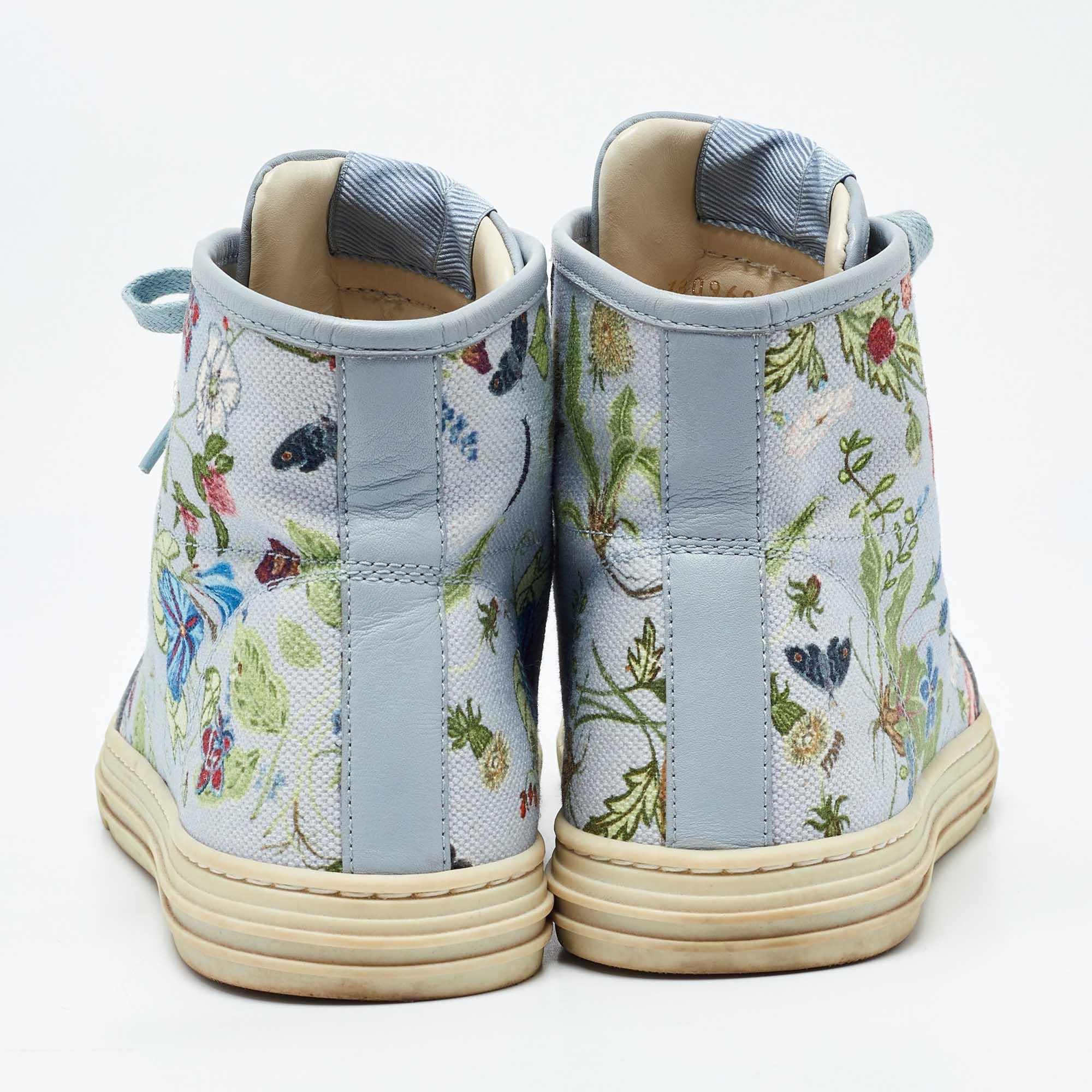 Women's Gucci Grey Leather and Floral Print Canvas High Top Sneakers Size 39