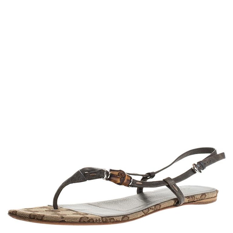 Gucci Grey Leather Bamboo Icon Thong Flat Sandals Size 38 at 1stDibs