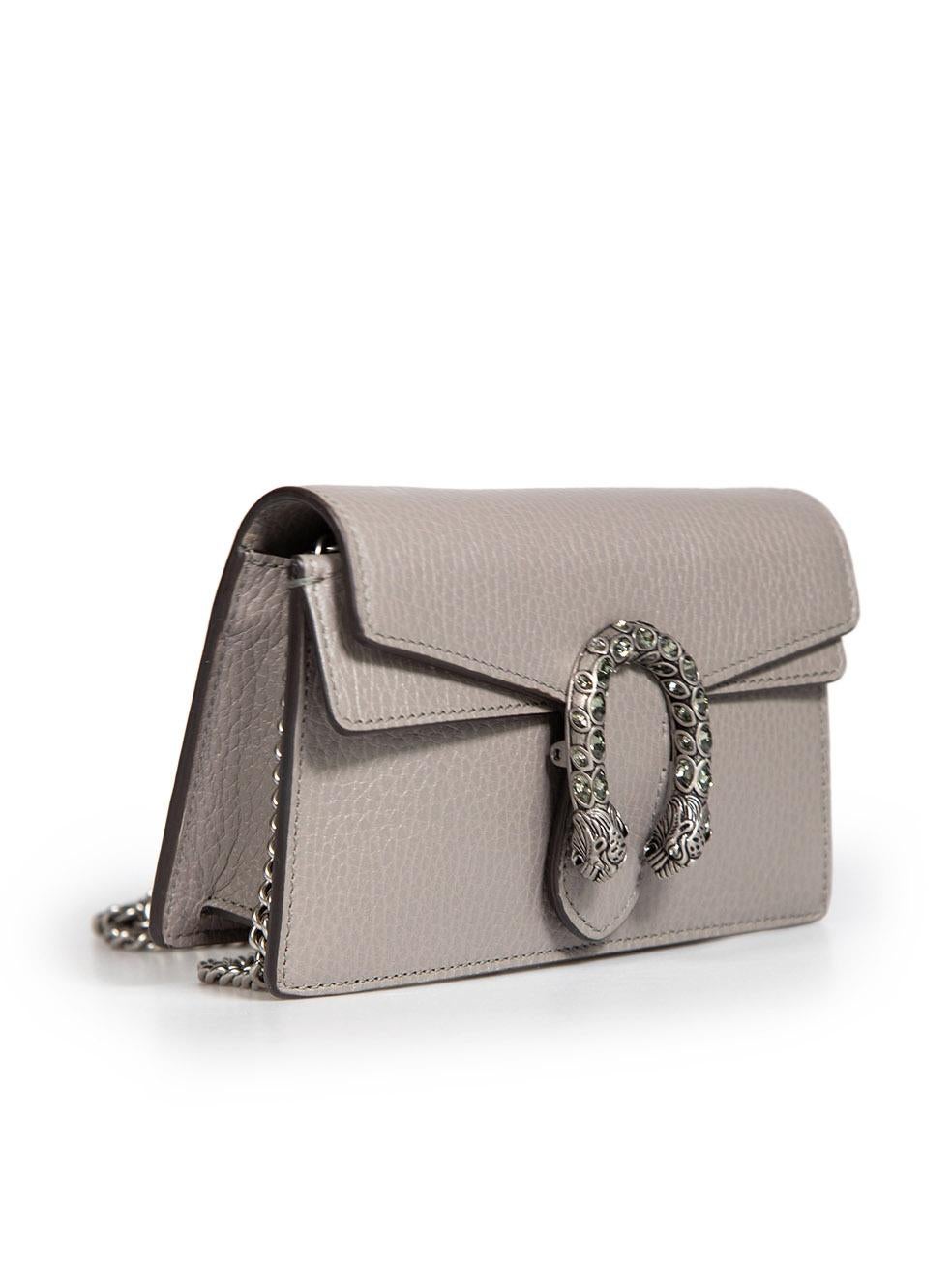 CONDITION is Very good. Hardly any visible wear to bag is evident on this used Gucci designer resale item.
 Details
 Model: Dionysus
 Grey
 Leather
 Crossbody bag
 Detachable chain strap
 Silver hardware
 Lion head crystal detail
 Hook chain
 Button