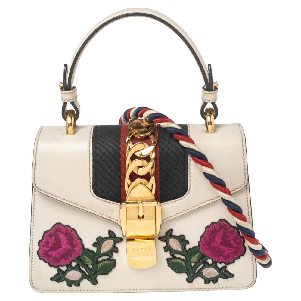 Gucci Grey Leather Floral Embroidered Web Chain Sylvie Shoulder Bag For Sale  at 1stDibs