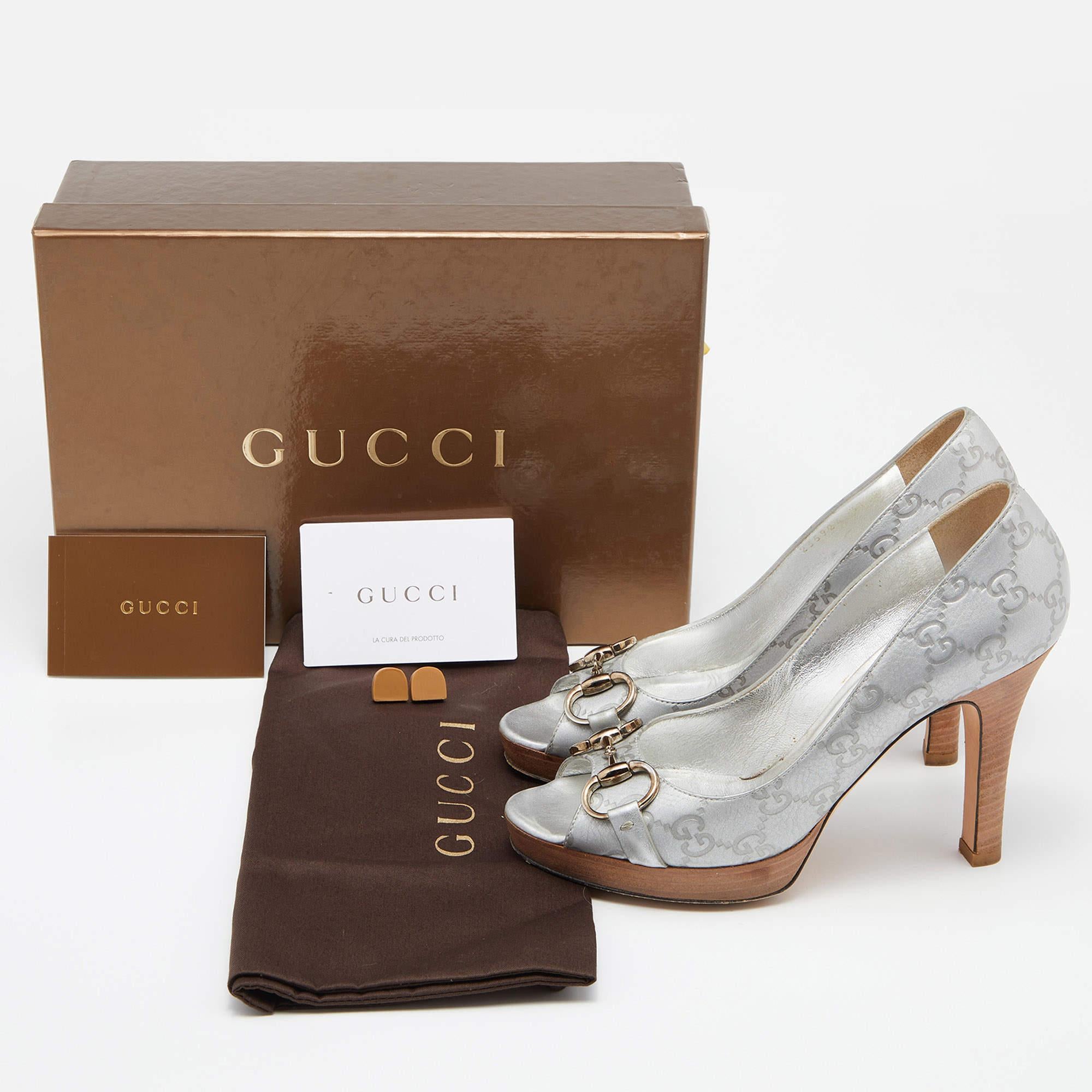 Gucci Grey Leather Guccissima Horsebit Peep Toe Pumps Size 37 4
