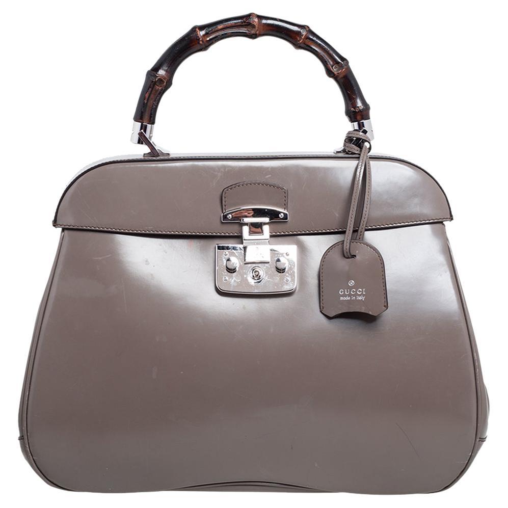 Gucci Grey Leather Lady Lock Bamboo Large Top Handle Bag