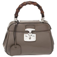 Gucci Grey Leather Lady Lock Bamboo Top Handle Bag