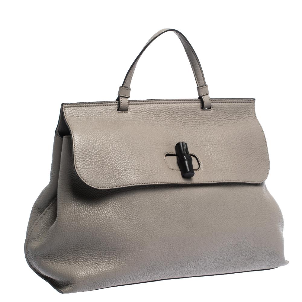 Gucci Grey Leather Large Bamboo Daily Top Handle Bag In Excellent Condition In Dubai, Al Qouz 2