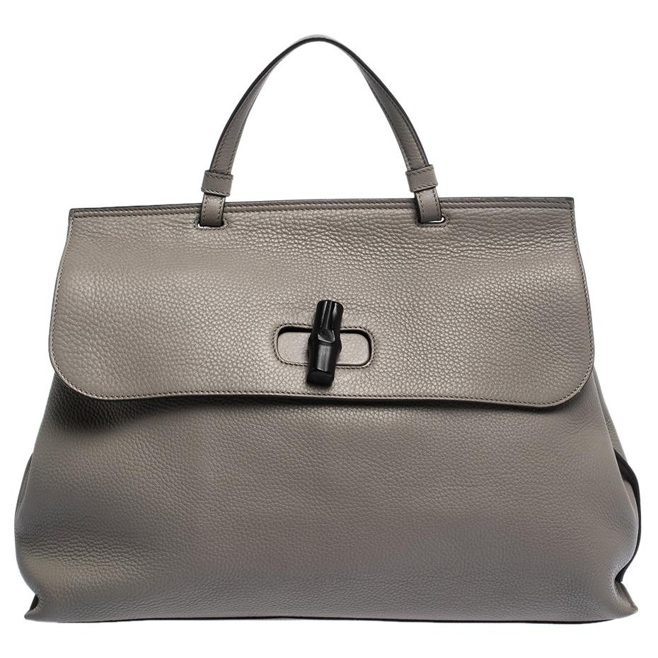 Gucci Grey Leather Large Bamboo Daily Top Handle Bag