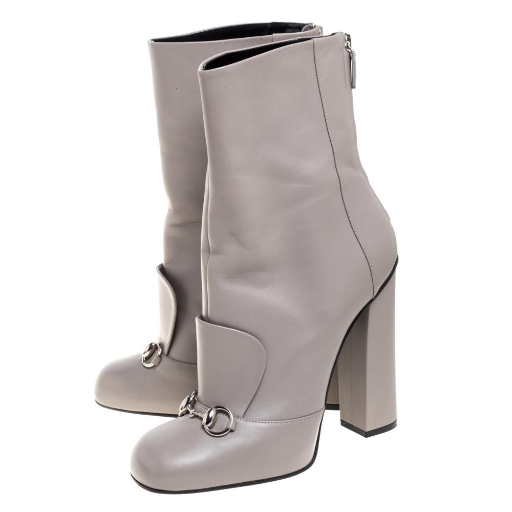 Gucci Grey Leather Lillian Horsebit Knee High Boots Size 41 In Good Condition In Dubai, Al Qouz 2