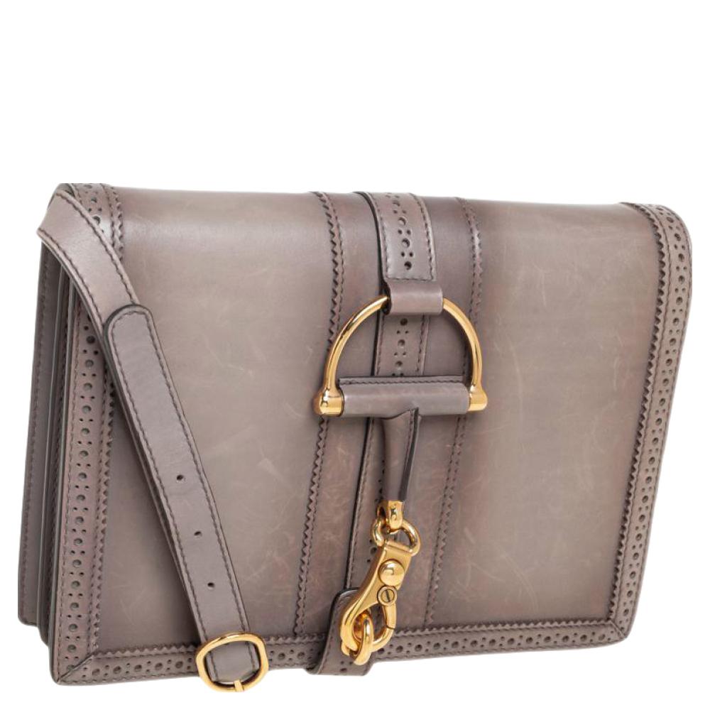 Gucci Grey Leather Medium Duilio Brogue Shoulder Bag In Good Condition In Dubai, Al Qouz 2