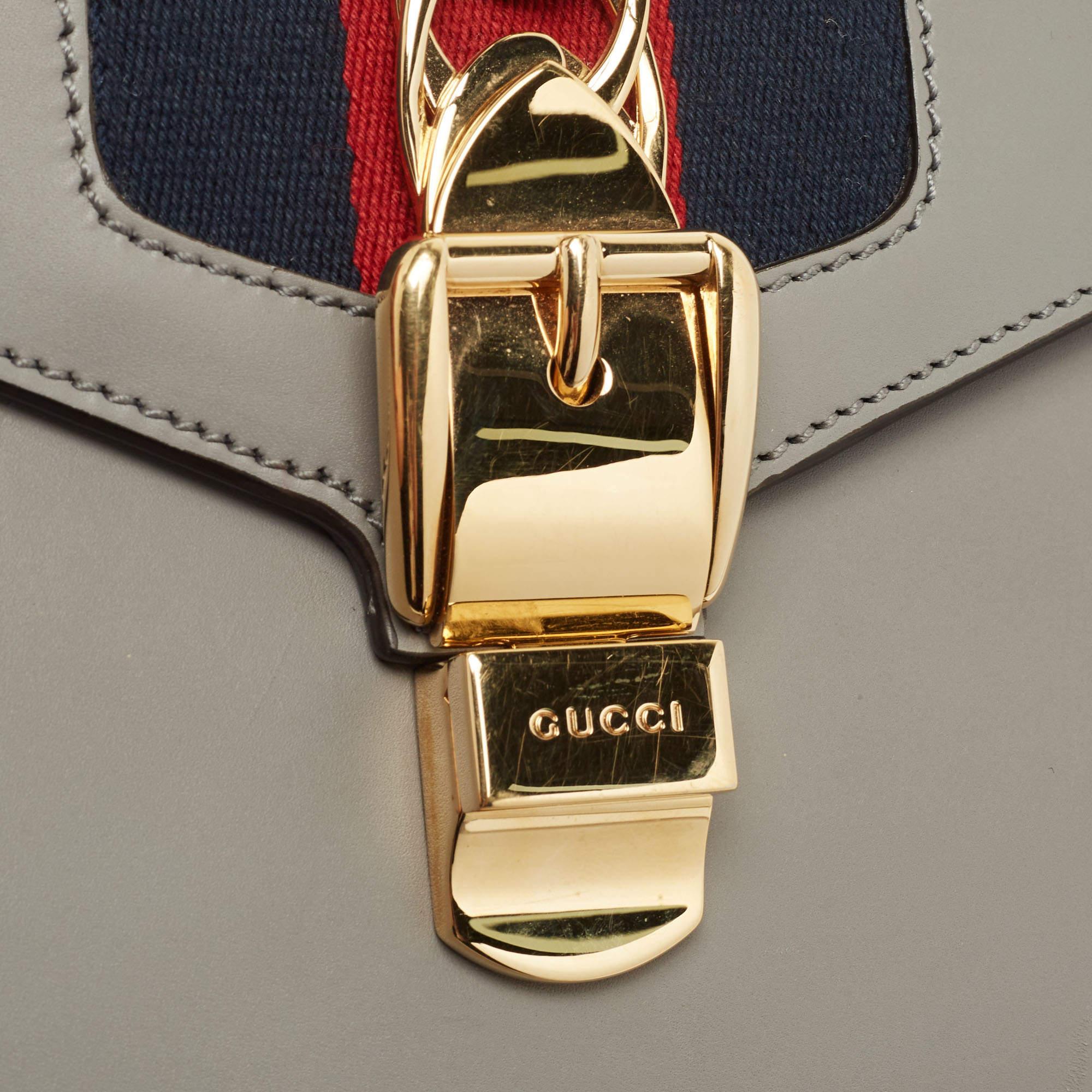 Gucci Grey Leather Mini Web Chain Sylvie Top Handle Bag 4
