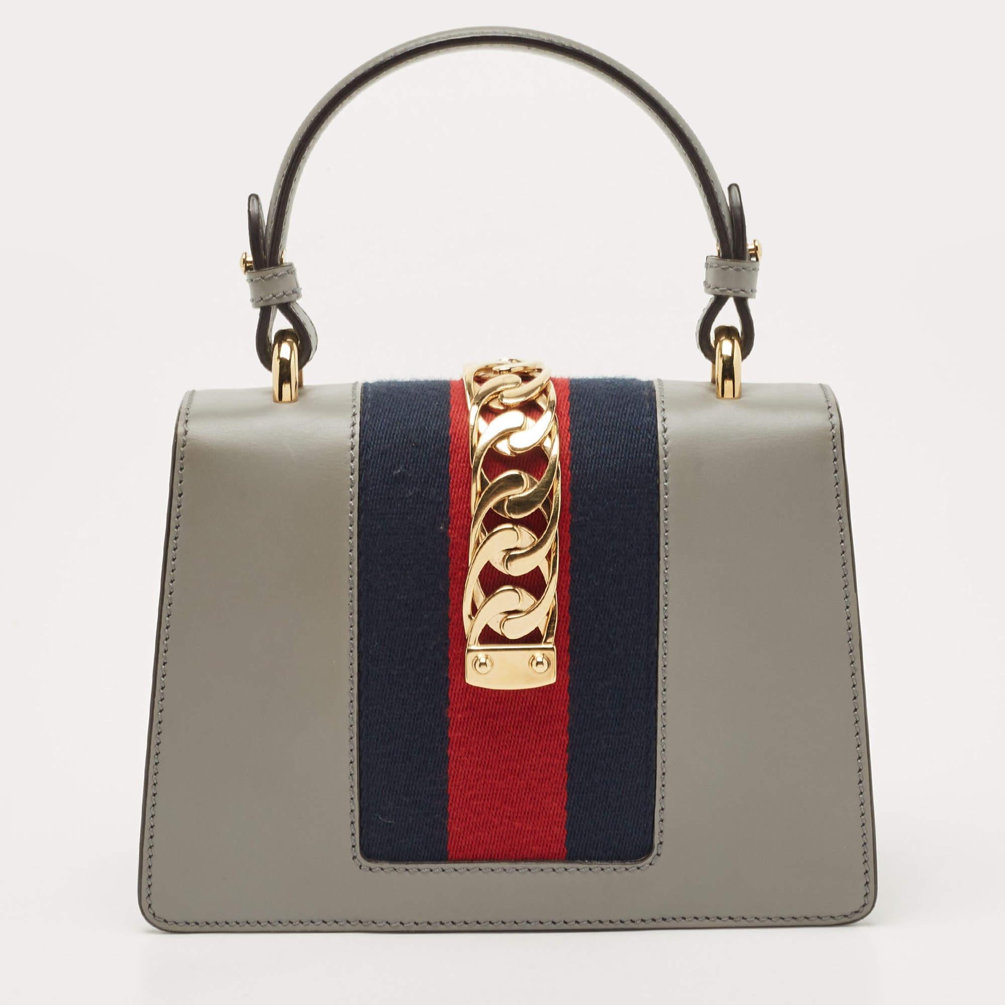 Gucci Grey Leather Mini Web Chain Sylvie Top Handle Bag 1