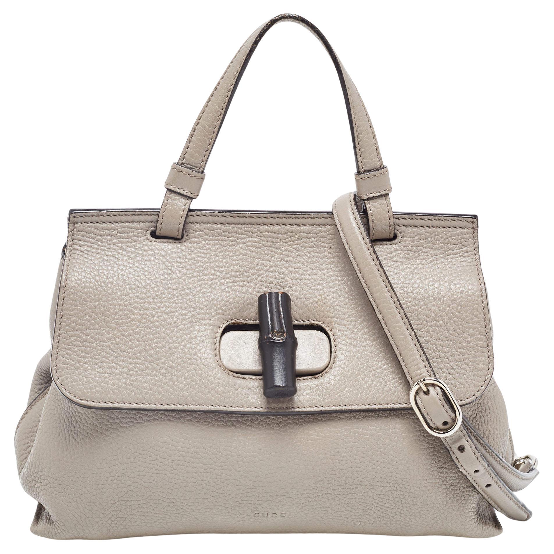 Gucci Grey Leather Small Bamboo Daily Top Handle Bag For Sale