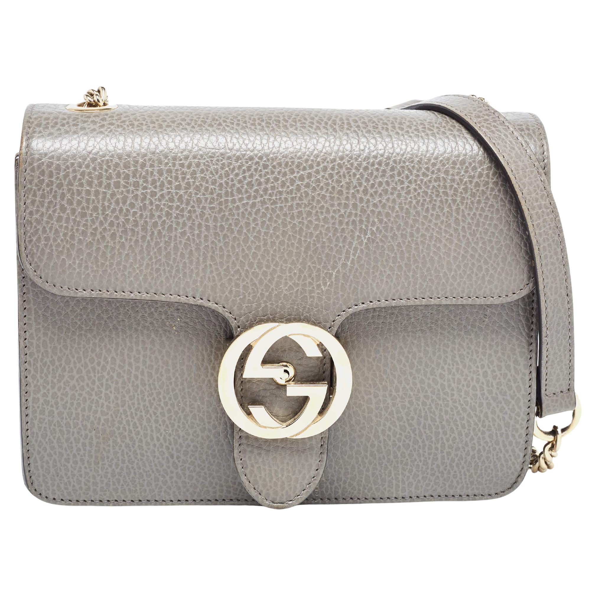 Gucci Grey Leather Small Interlocking G Shoulder Bag For Sale