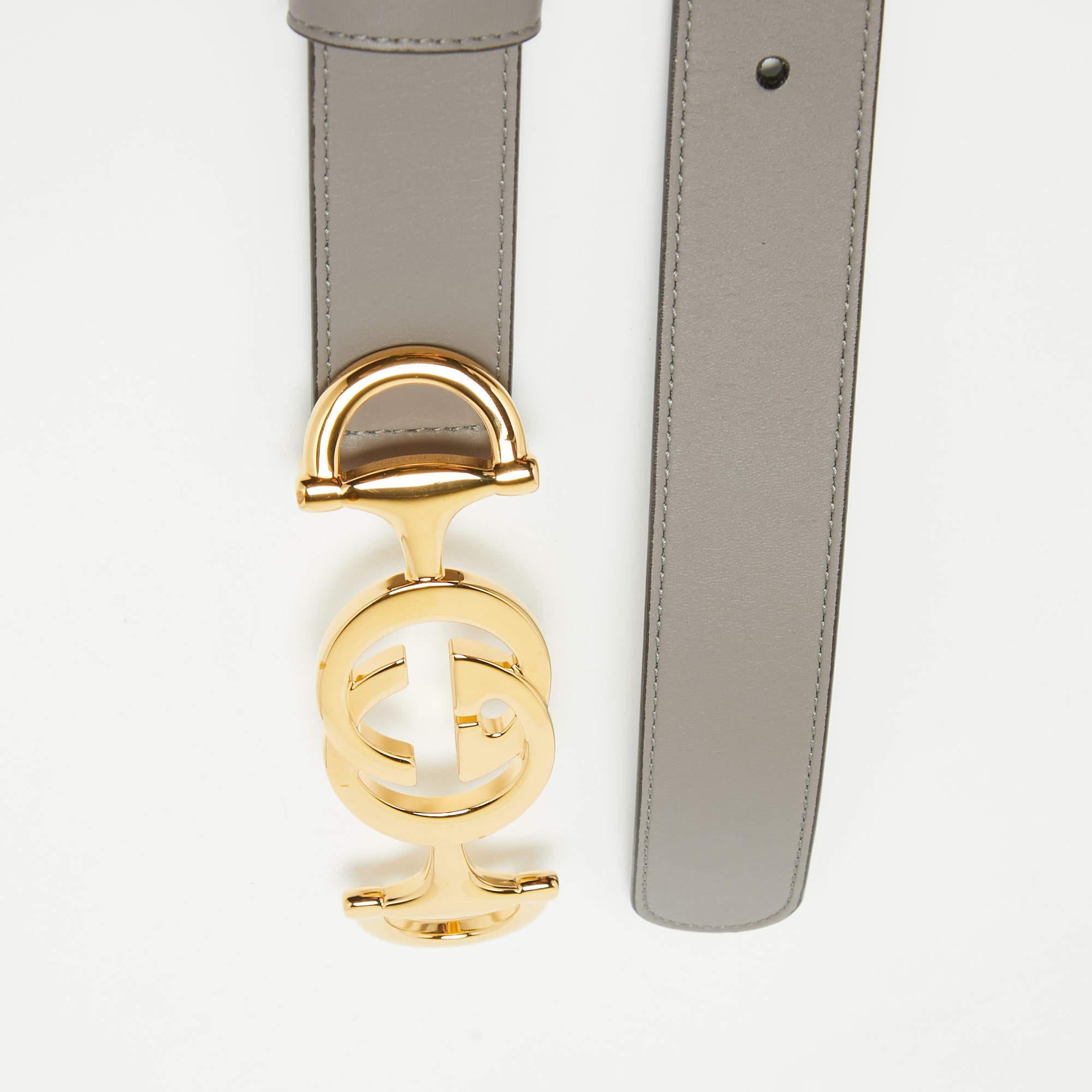 Gucci Grey Leather Zumi Buckle Belt 85 CM In Excellent Condition For Sale In Dubai, Al Qouz 2